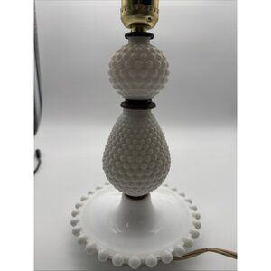 Pair Vintage MCM White Milk Glass Hobnail Ruffled Edge Boudoir Parlor Lamps
